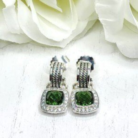 David Yurman Silver Albion 7mm Prasiolite & Diamond Drop Earrings - FCM96 - Picture 2 of 5